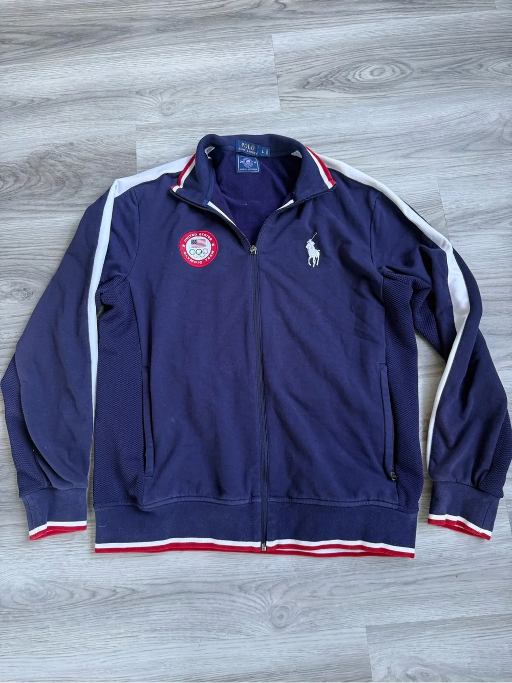 Polo by Ralph Lauren Navy Zip-Up Olympic Track Jacket with White Stripes
